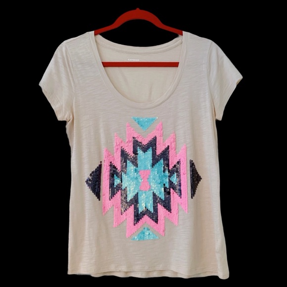 Pink Sequined Color Blocked Tee by Express - Picture 2 of 4